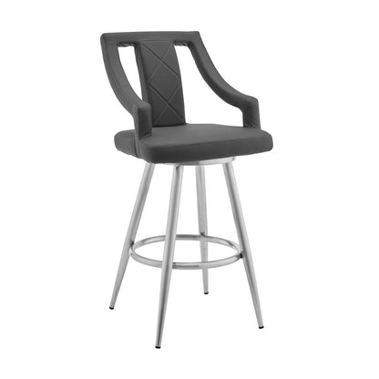 25" Gray and Silver Faux Leather and Iron Counter Height Swivel Bar Chair