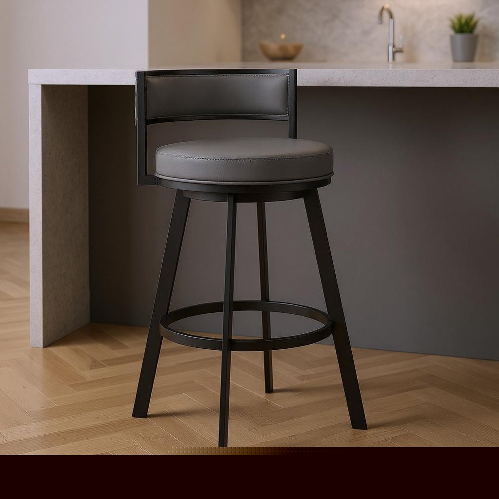 26" Gray And Black Faux Leather And Iron Swivel Low Back Counter Height Bar Chair