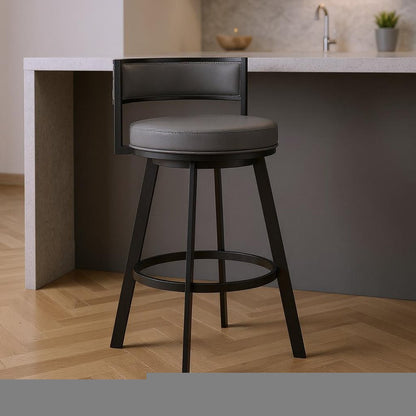 26" Gray And Black Faux Leather And Iron Swivel Low Back Counter Height Bar Chair