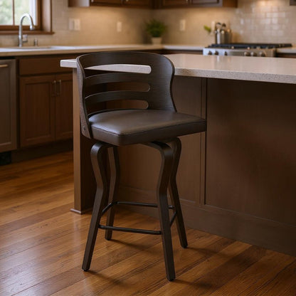 25" Gray And Black Faux Leather And Iron Swivel Low Back Counter Height Bar Chair