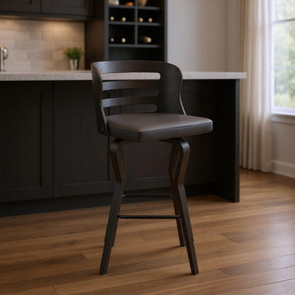 29" Gray And Black Faux Leather And Iron Swivel Low Back Bar Height Bar Chair