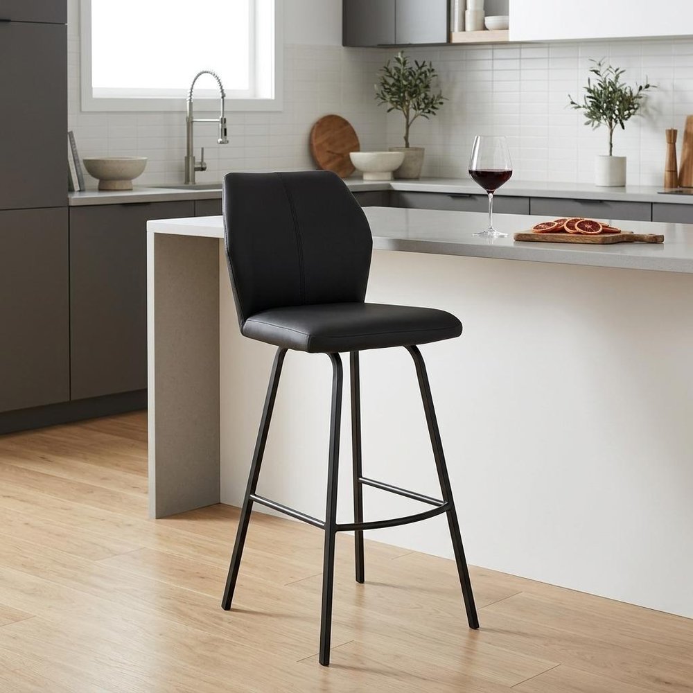 26" Black Faux Leather And Fabric And Iron Counter Height Bar Chair
