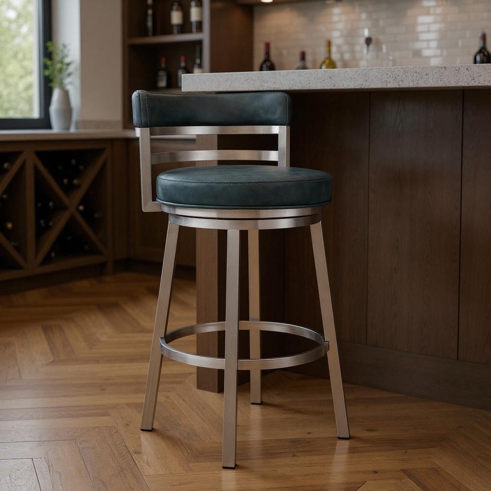 30" Blue And Silver Faux Leather And Iron Swivel Low Back Bar Height Bar Chair