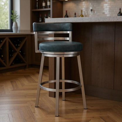 30" Blue And Silver Faux Leather And Iron Swivel Low Back Bar Height Bar Chair