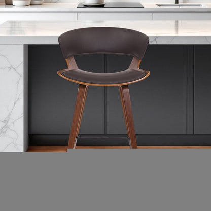 27" Brown Faux Leather and Iron Low Back Counter Height Bar Chair