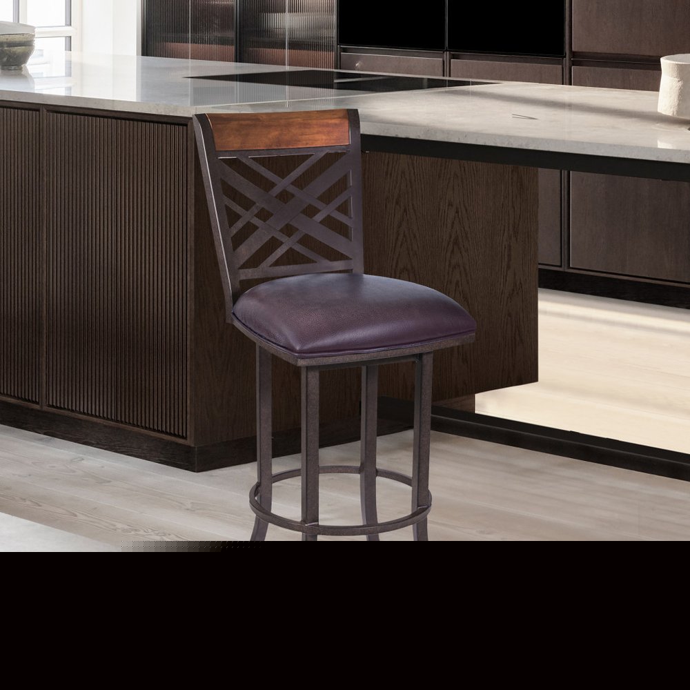 30" Brown Faux Leather And Iron Bar Height Bar Chair