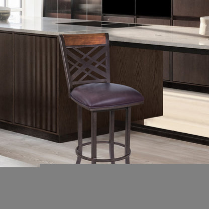 30" Brown Faux Leather And Iron Bar Height Bar Chair