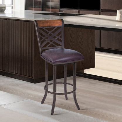 30" Brown Faux Leather And Fabric And Iron Bar Height Bar Chair