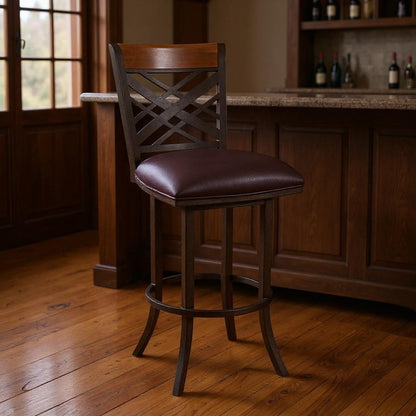 30" Brown Faux Leather And Iron Bar Height Bar Chair