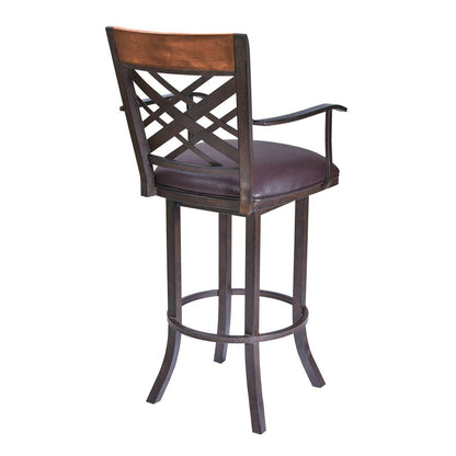 26" Brown Faux Leather And Fabric And Iron Counter Height Bar Chair