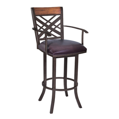 26" Brown Faux Leather And Fabric And Iron Counter Height Bar Chair