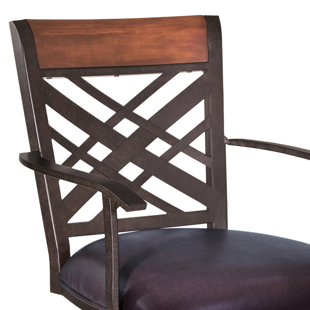 30" Brown Faux Leather And Fabric And Iron Bar Height Bar Chair