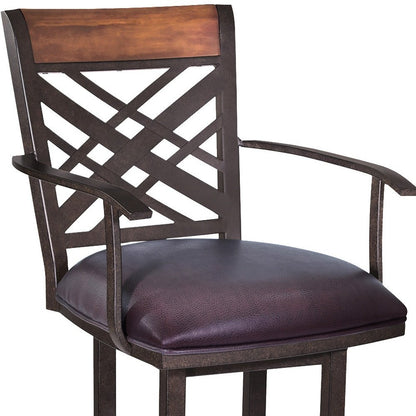 30" Brown Faux Leather And Fabric And Iron Bar Height Bar Chair