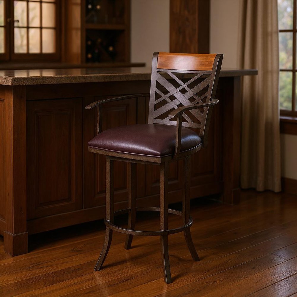 30" Brown Faux Leather And Iron Bar Height Bar Chair