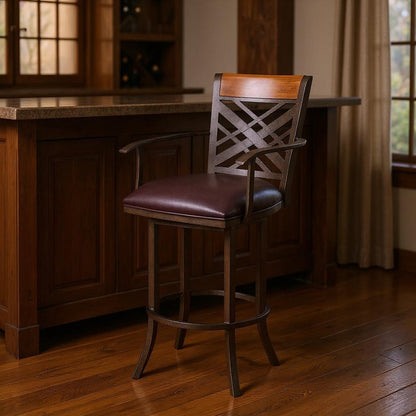 30" Brown Faux Leather And Iron Bar Height Bar Chair