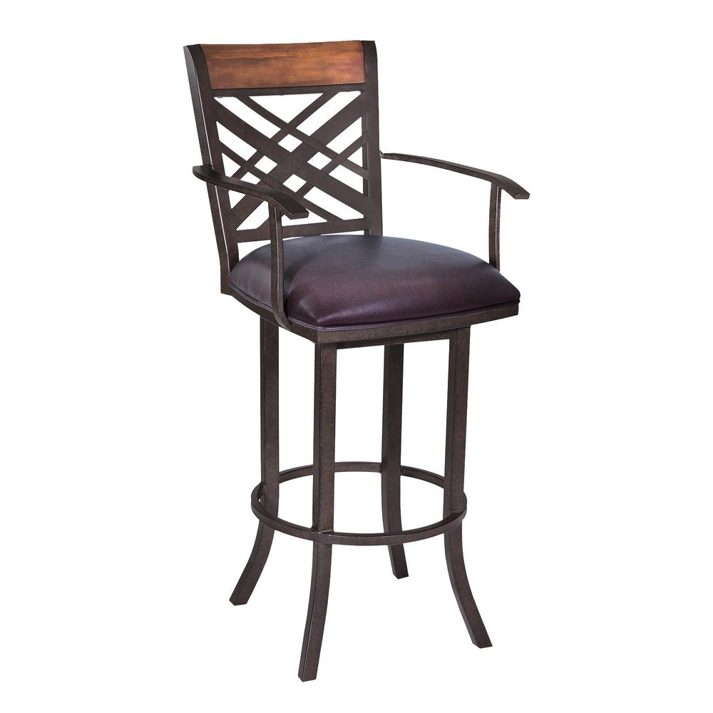 30" Brown Faux Leather And Fabric And Iron Bar Height Bar Chair