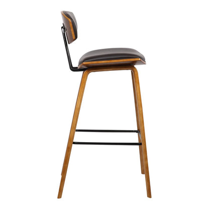 29" Brown Faux Leather And Wood Low Back Bar Height Bar Chair