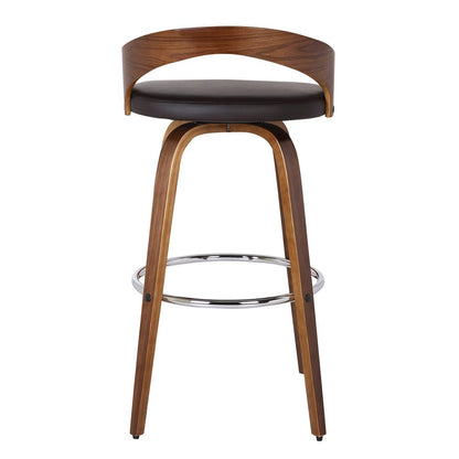30" Brown Faux Leather And Fabric And Solid Wood Low Back Bar Height Swivel Bar Chair