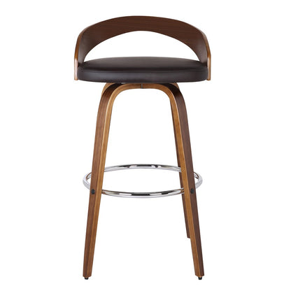 30" Brown Faux Leather And Fabric And Solid Wood Low Back Bar Height Swivel Bar Chair