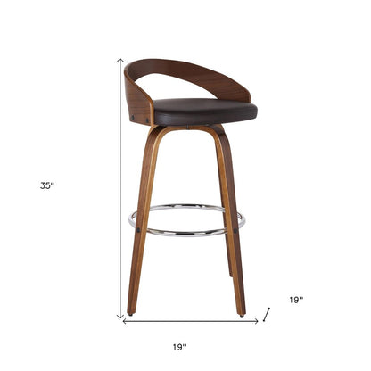 30" Brown Faux Leather And Fabric And Solid Wood Low Back Bar Height Swivel Bar Chair