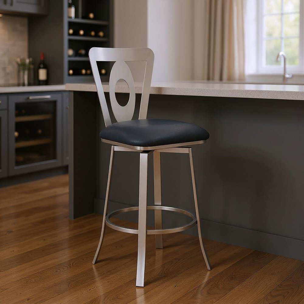 30" Gray And Silver Faux Leather And Iron Swivel Bar Height Bar Chair