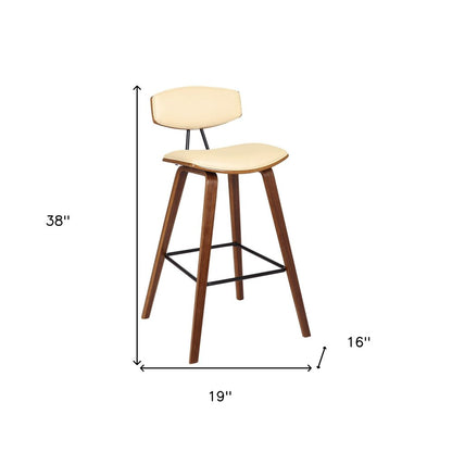 29" Cream and Brown Faux Leather and Iron Low Back Bar Height Bar Chair