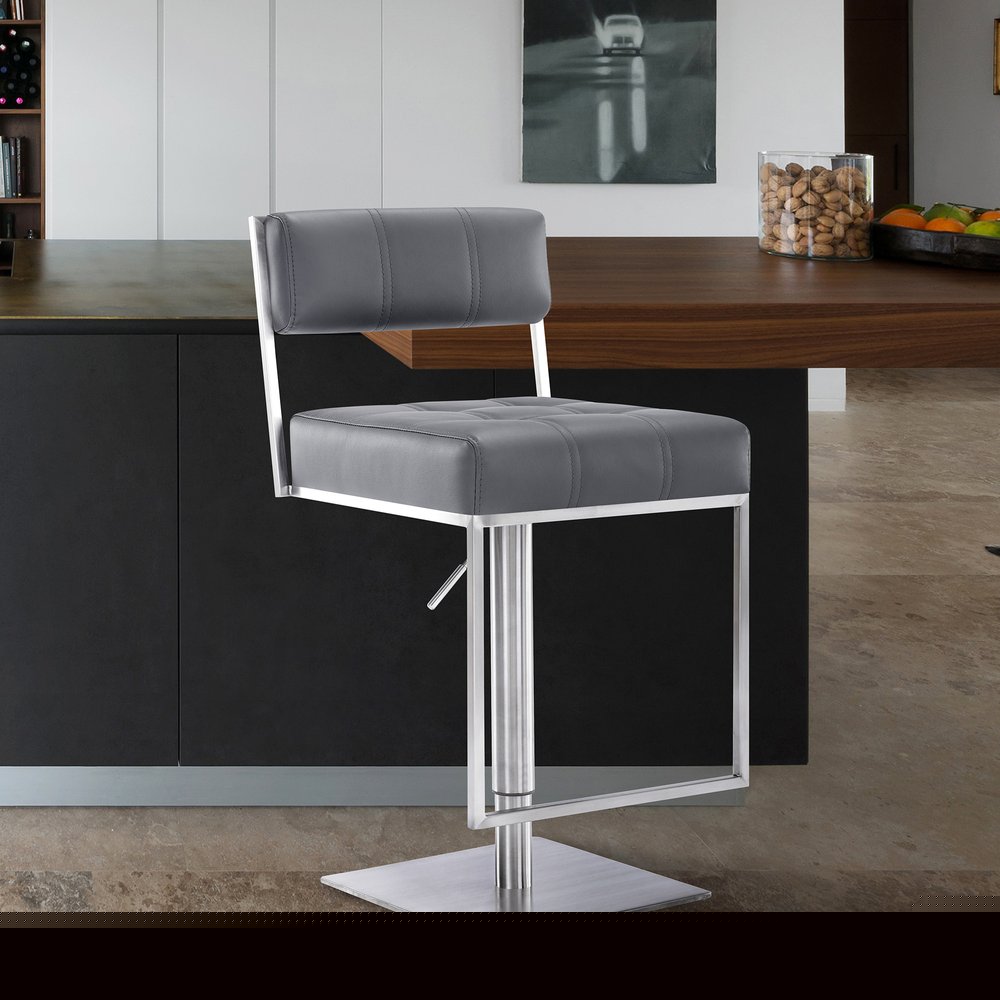 25" Gray And Silver Faux Leather And Iron Swivel Low Back Adjustable Height Bar Chair