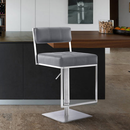 Gray And Silver Faux Leather And Faux Leather And Iron Low Back Adjustable Height Swivel Bar Chair