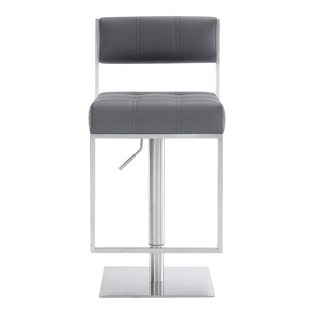 Gray And Silver Faux Leather And Faux Leather And Iron Low Back Adjustable Height Swivel Bar Chair