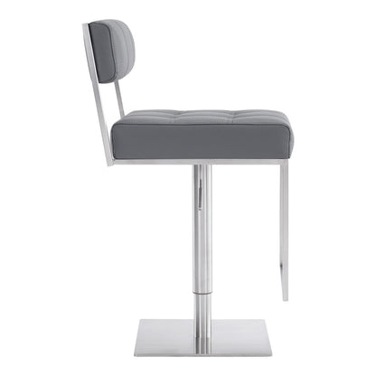 Gray And Silver Faux Leather And Faux Leather And Iron Low Back Adjustable Height Swivel Bar Chair
