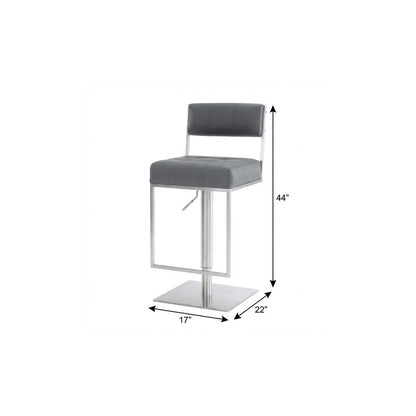 25" Gray And Silver Faux Leather And Iron Swivel Low Back Adjustable Height Bar Chair