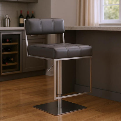 25" Gray And Silver Faux Leather And Iron Swivel Low Back Adjustable Height Bar Chair