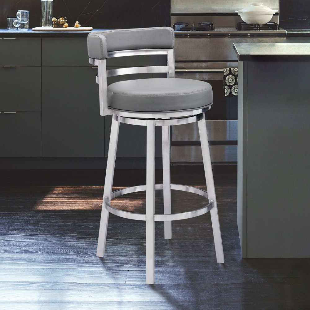 26" Gray And Silver Faux Leather And Faux Leather And Iron Low Back Counter Height Swivel Bar Chair