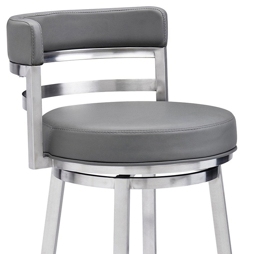 26" Gray And Silver Faux Leather And Faux Leather And Iron Low Back Counter Height Swivel Bar Chair