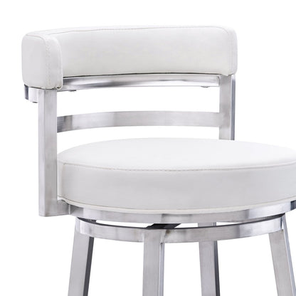 30" White and Silver Faux Leather and Iron Low Back Bar Height Swivel Bar Chair