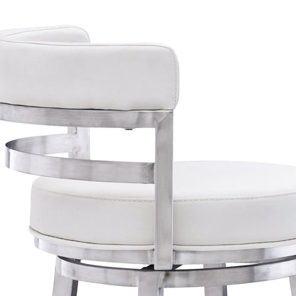 30" White and Silver Faux Leather and Iron Low Back Bar Height Swivel Bar Chair