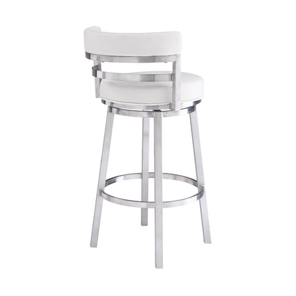 30" White and Silver Faux Leather and Iron Low Back Bar Height Swivel Bar Chair
