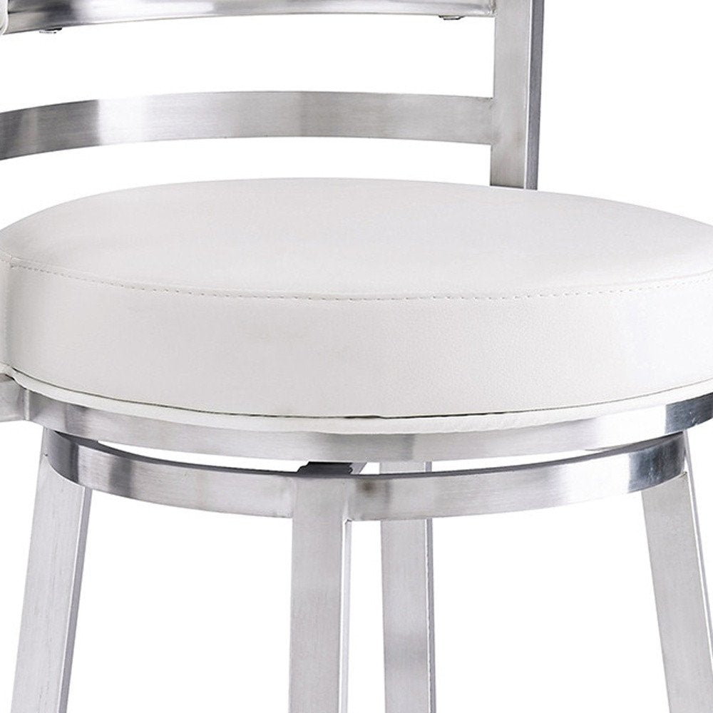 30" White and Silver Faux Leather and Iron Low Back Bar Height Swivel Bar Chair