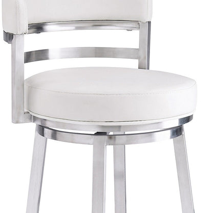 30" White and Silver Faux Leather and Iron Low Back Bar Height Swivel Bar Chair