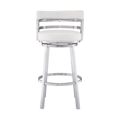26" White And Silver Faux Leather And Iron Swivel Low Back Counter Height Bar Chair