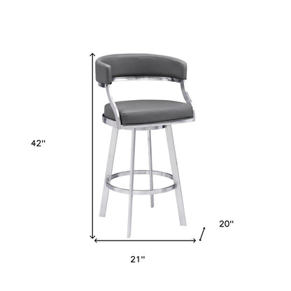 30" Gray and Silver Faux Leather and Iron Low Back Bar Height Swivel Bar Chair
