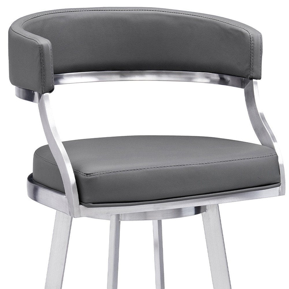 30" Gray and Silver Faux Leather and Iron Low Back Bar Height Swivel Bar Chair