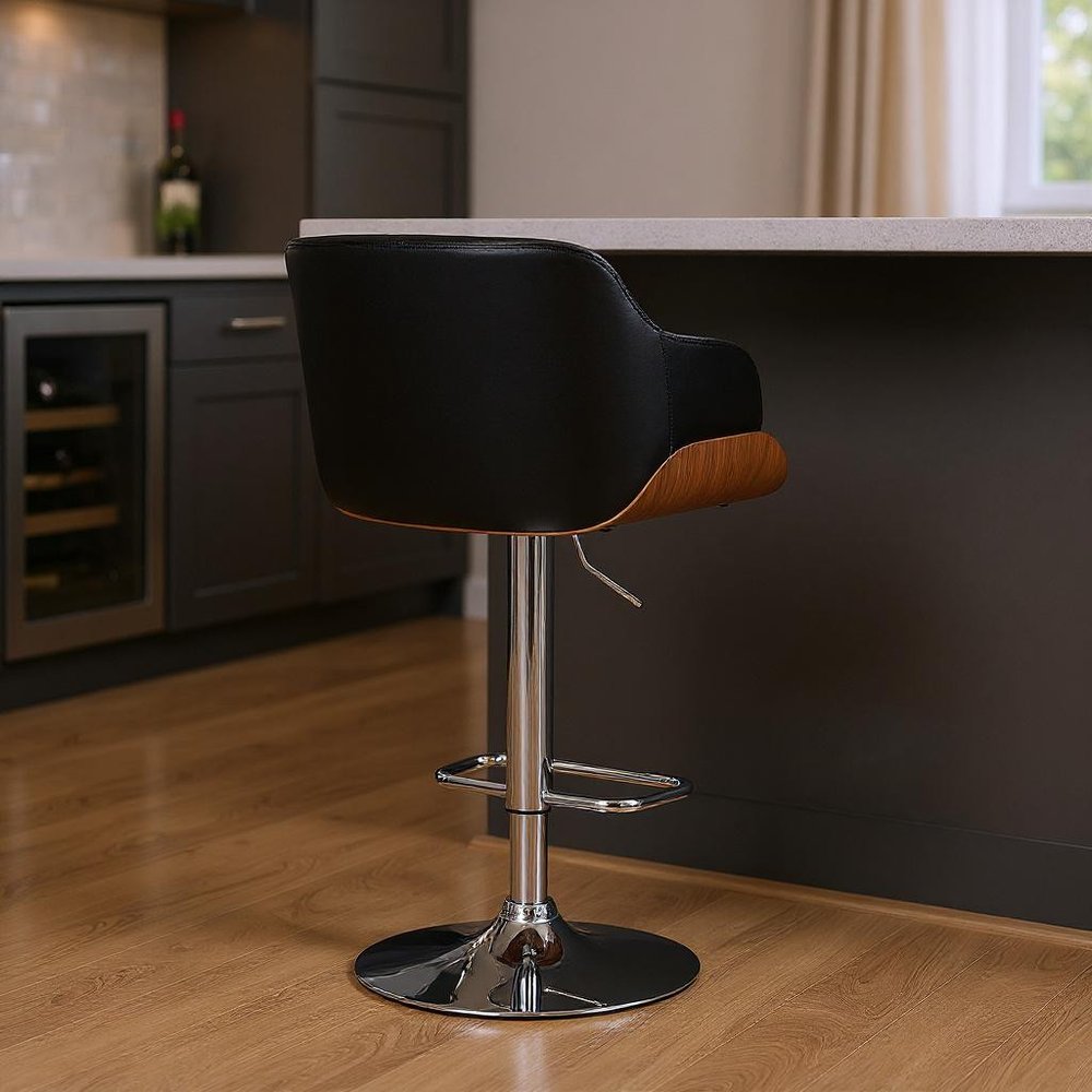 25" Black And Silver Faux Leather And Iron Swivel Low Back Adjustable Height Bar Chair