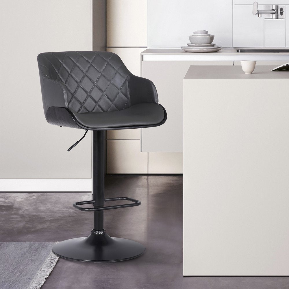 Gray And Black Faux Leather And Fabric And Iron Low Back Adjustable Height Swivel Bar Chair