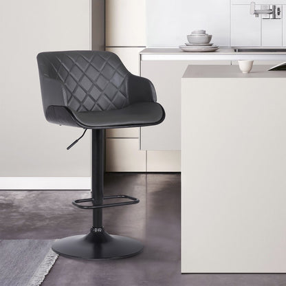 Gray And Black Faux Leather And Fabric And Iron Low Back Adjustable Height Swivel Bar Chair