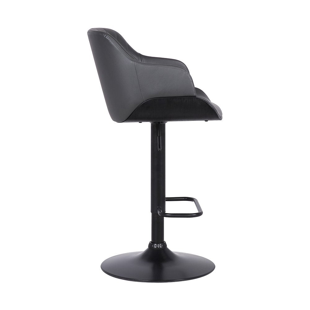 Gray And Black Faux Leather And Fabric And Iron Low Back Adjustable Height Swivel Bar Chair
