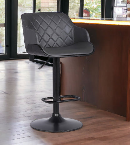 Gray And Black Faux Leather And Fabric And Iron Low Back Adjustable Height Swivel Bar Chair