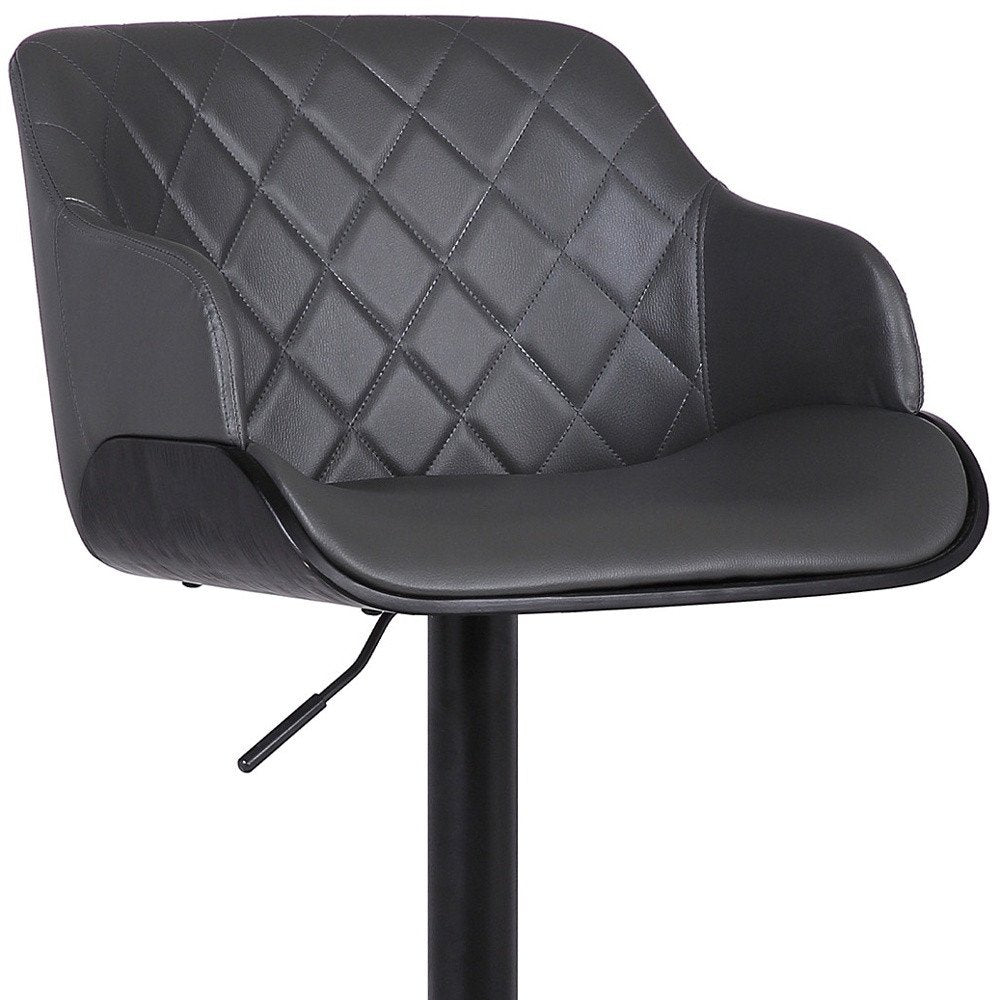 Gray And Black Faux Leather And Fabric And Iron Low Back Adjustable Height Swivel Bar Chair
