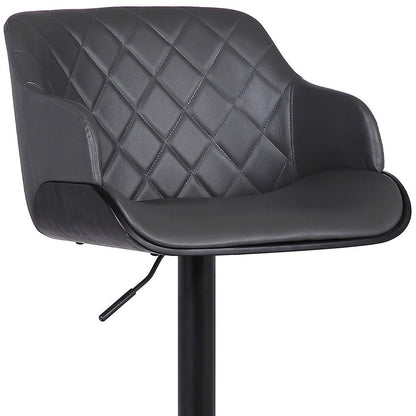 Gray And Black Faux Leather And Fabric And Iron Low Back Adjustable Height Swivel Bar Chair