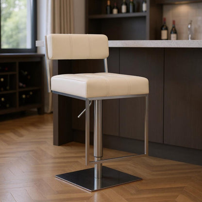 25" White And Silver Faux Leather And Iron Swivel Low Back Adjustable Height Bar Chair